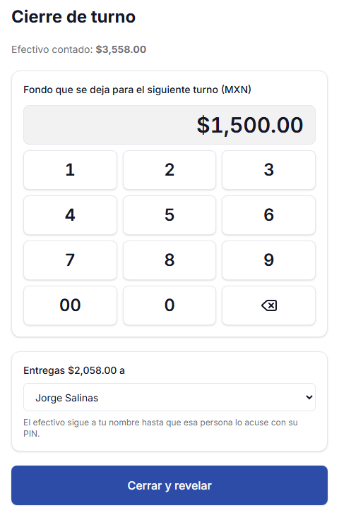 Cierre de turno: fondo que se deja y entrega del efectivo a una persona