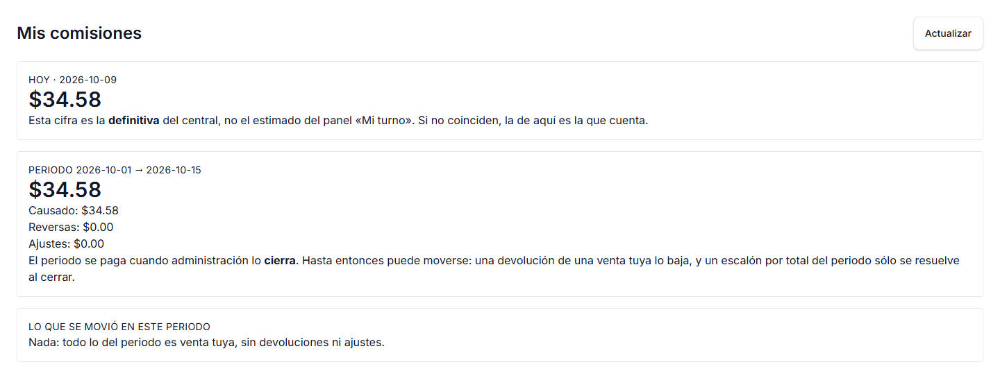 Mis comisiones en la caja: lo causado del día y del periodo, con reversas y ajustes