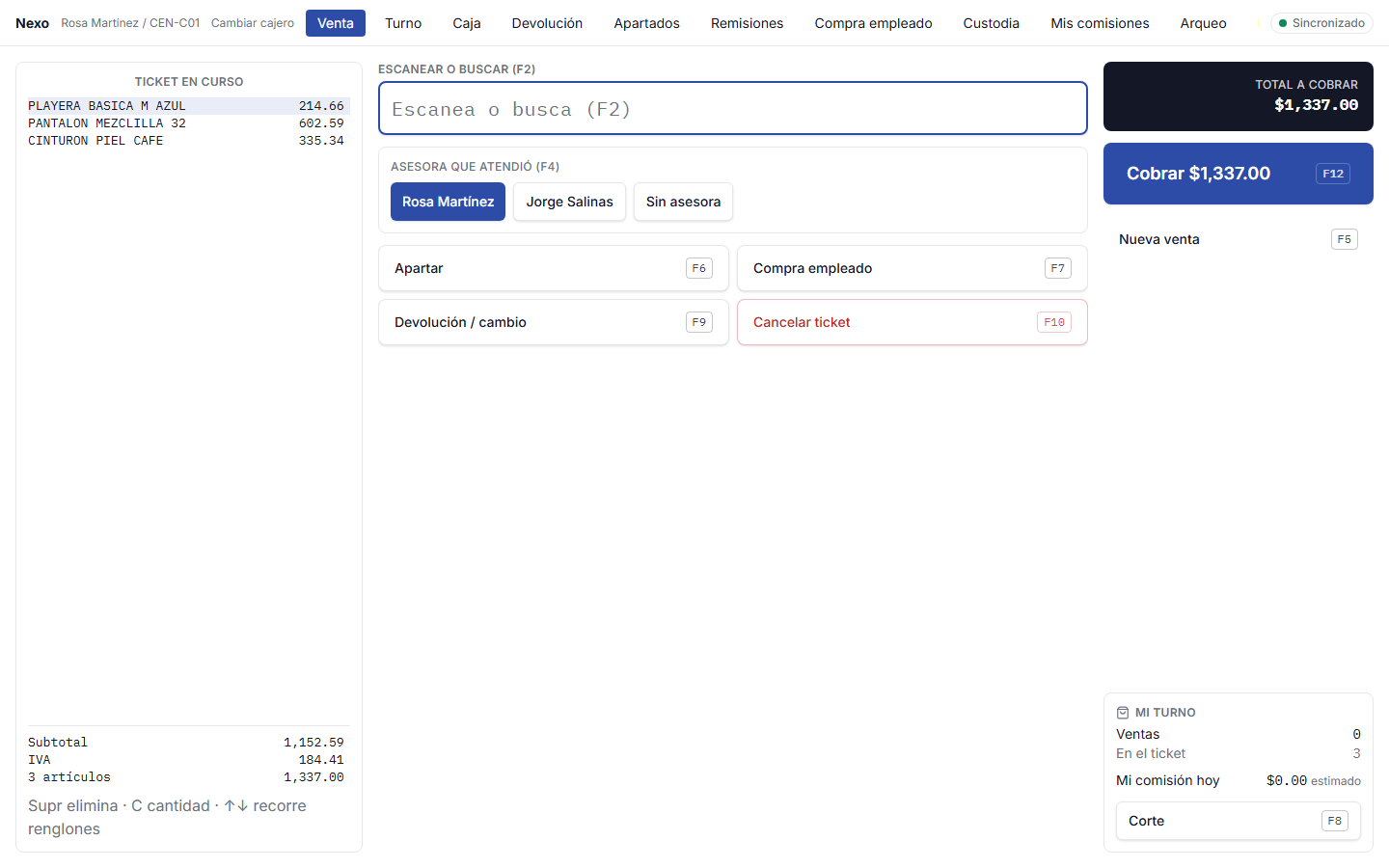 Pantalla de venta de Nexo con ticket en curso, escaneo y total a cobrar